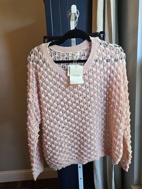 Miracle Light Pink Open-Weave Crewneck Sweater